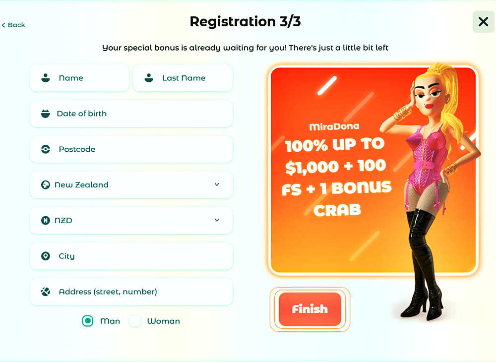 neon casino registration step